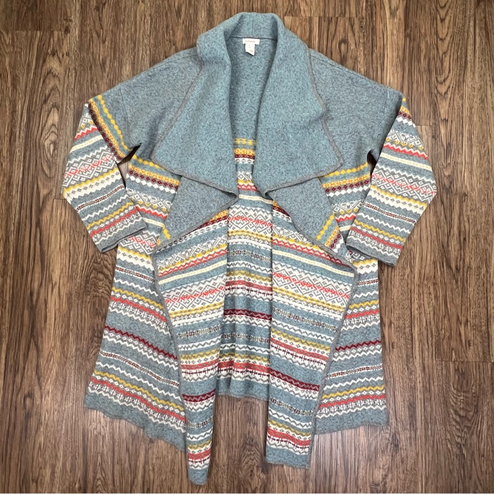 Sundance Longline Waterfall Collar Open Front Lambswool Fair Isle Cardigan Sz L